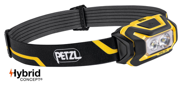 Petzl ARIA® 2R headlamp, compact and rechargeable, offering 600 lumens, durable and waterproof design, ideal for tradespeople and maintenance professionals. Includes CORE rechargeable battery and works with AAA batteries.