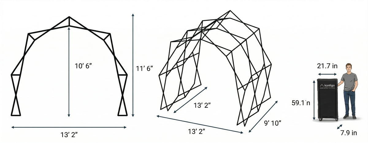 Konligo commercial pop-up tent open and closed dimensions in feet and centimeters - imagen 9