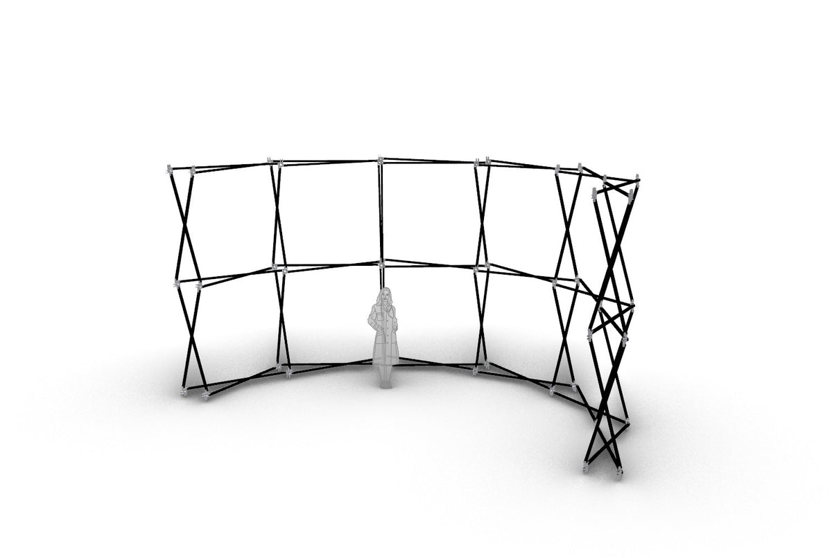 Vista 3D de Konligo de la estructura modular curva negra Luno Wall y referencia a escala humana, ahora disponible en MTN SHOP US.