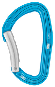 Mosquetón de escalada deportivo Petzl Djinn de aluminio azul con sistema Keylock, gatillo recto o curvo.