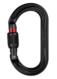 Mosquetón Petzl OK ovalado negro con sistema SCREW-LOCK, diseñado para una carga óptima de dispositivos de sección ancha.