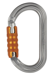Mosquetón Petzl OK ovalado de aluminio con sistema SCREW-LOCK, diseñado para una carga óptima de dispositivos de sección ancha.