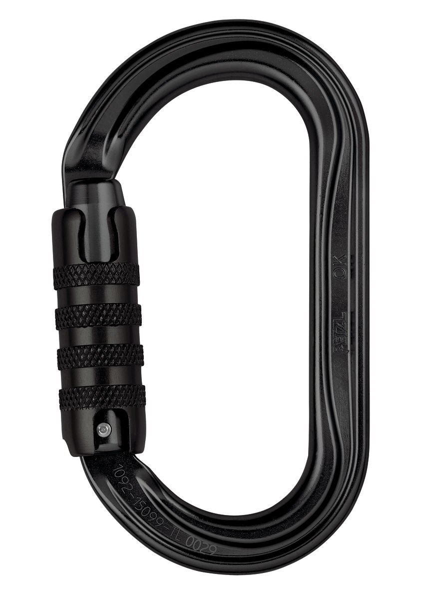 Mosquetón Petzl OK ovalado de aluminio con sistema TRIACT-LOCK, diseñado para una carga óptima de dispositivos de sección ancha.