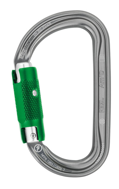 Petzl Am'D Pin-Lock asymmetrical aluminum carabiner designed for group use, featuring a PIN-LOCK system for secure connections. Compatible with CAPTIV positioning bar for optimal orientation and rotation prevention. Available individually or in packs.
