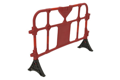 Vestil Plastic Interlocking Barrier in red, angled view showing the slat panel and black base feet.
