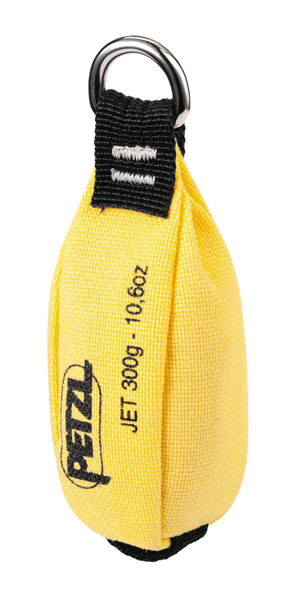Bolsa de tiro Petzl Jet en color amarillo con una construcción duradera de doble capa. Diseño aerodinámico para facilitar el paso a través de las ramas de los árboles. Disponible en 250 g, 300 gy 350 g, con costuras codificadas por colores para identificar el peso. Cuenta con un punto de fijación secundario para una conexión rápida de la cuerda.