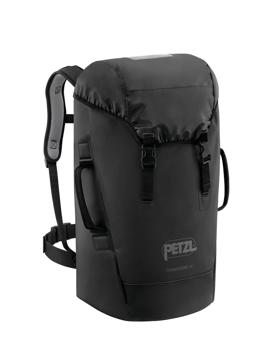 Petzl Transport 45 - Mochila duradera de 45L Negra para uso intensivo, que cuenta con acolchado de espuma termoformada y material TPU de alta resistencia.