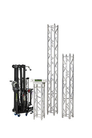 Unassembled components of the Kuzar K-10 tower lifting, showcasing the folded compact base unit alongside individual modular 30x30 cm square truss profiles. - imagen 7