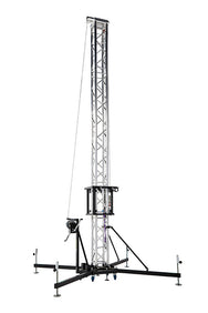 Fully assembled Kuzar K-10 tower lifting standing vertically with its premium 6082-T6 aluminium sections, wide steel base stabilizers, and manual hoist winch system. - imagen 2