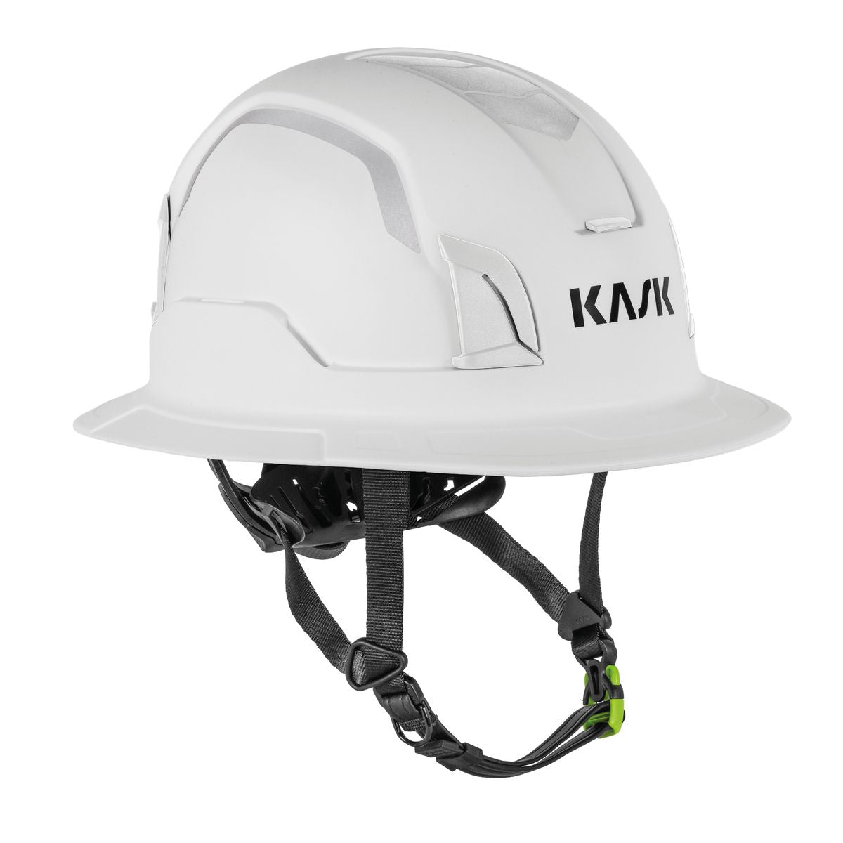 KASK Zenith X2 Full Brim Hi Viz safety helmet in white, side view with reflective decals and chin strap - imagen 2