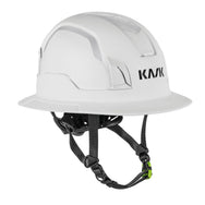 KASK Zenith X2 Full Brim Hi Viz safety helmet in white, side view with reflective decals and chin strap - imagen 2
