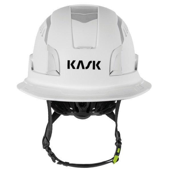 KASK Zenith X2 Air Full Brim Hi Viz safety helmet in white, front view with KASK logo and chin strap - imagen 7