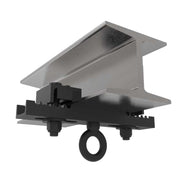 Adaptive Technologies Group dual hang point beam clamp under a steel I-beam flange with forged eye below