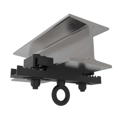 Adaptive Technologies Group dual hang point beam clamp under a steel I-beam flange with forged eye below