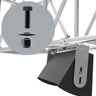 Adaptive Technologies Group MC-UB-KT bolt kit shown inset with truss clamp holding a speaker on truss