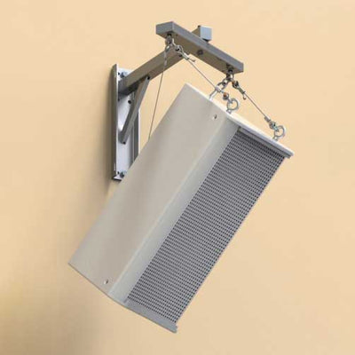 Adaptive Technologies Group SAS-200-WM-G wall mount suspending a gray speaker with cables