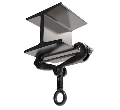 Adaptive Technologies Group BC3-7J scissor style beam clamp fitted to a steel I-beam flange with eyebolt below