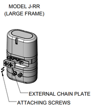 CM Lodestar External Chain Plate diagram showing Loose End Side, Load Side, Orientation Arrow, and Attaching Screws for Large Frame (Model J-RR) and Small Frame (Model B-F) hoists.