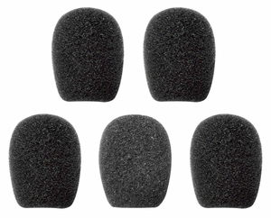 Five black foam microphone sponges for Sena boom headsets arranged on white background, part number SC-A0109