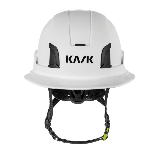 KASK Zenith X2 Full Brim safety helmet in white, front view with Adaptive Brim and chin strap - imagen 3