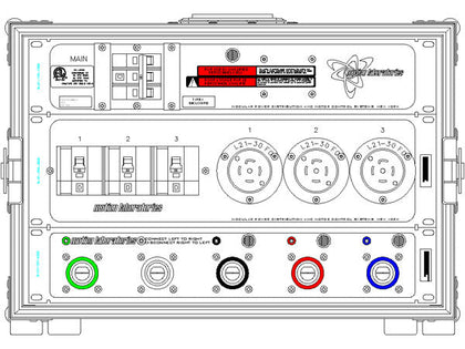 Drawing of Motion Labs 5W Cam-In PDU with three L21-30 outlets and color-coded Cam connectors