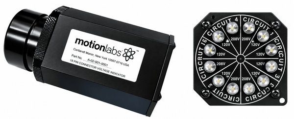 Motion Labs 19Pin 6 Cir Voltage Indicator, a small black and red housing beside a round connector face