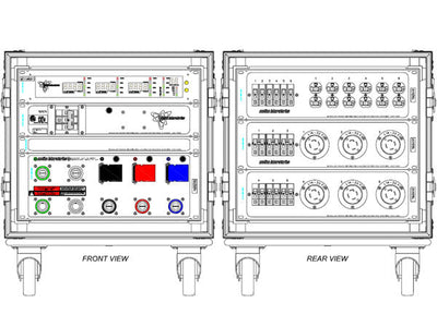 Front and rear drawing of Motion Labs Rolling Rack PDU on casters, with Edison duplex and twistlock outlets