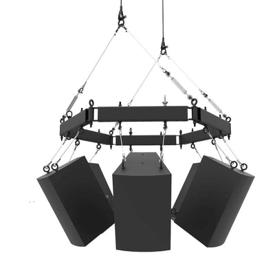 Adaptive Technologies Group SAS-GL GridLink rigging beam system, hexagonal beam grid suspending three loudspeakers on cables