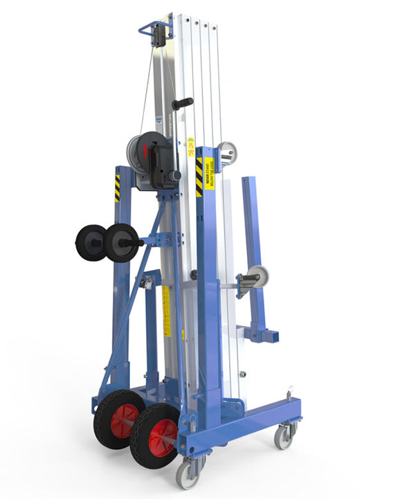 Kuzar Industrial Lifter 300kg/7.3m with 100kg Counter Weight & Basket - HAMMER 73CW– Kuzar lifter 300KG- a robust industrial stacker with Counter Weight basket and 100kg of weight included. Made in Spain, the HAMMER 73CW Lifter has been designed for vertically lifting loads, and horizontal movements with the load lifted at minimum height. This stacker with an impressive 300kg capacity has high-quality wheels for easy movement and a powerful winch for efficient lifting whilst remaining compact and agile. Com - imagen 2