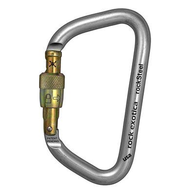Mosquetón Rock Exotica rockSteel Screw-Lock: el rockSteel Screwlock ofrece una impresionante relación resistencia-peso, una gran apertura de puerta y características de manejo precisas gracias a las superficies mecanizadas por CNC. – Ahora disponible en MTN Shop US.