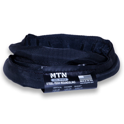 MTN Round Slings Black Steel-Tex– MTN Slings are designed to match theatrical settings and safely perform during all of your lifting applications. For sale in 2', 3', 4', 6', 8' 9', 12' lengths. Best round slings for rigging, lightweight, OSHA certified, black theatrical color. – Now available at MTN Shop US.