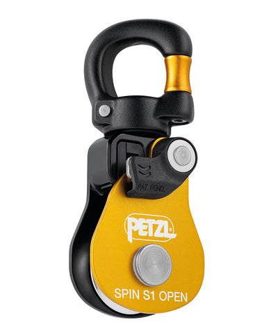 Petzl Spin S1 Open Pulley with Gated Swivel – he Petz spin S1 open pulley is a highly efficient and compact single pulley with a gated swivel. The S1 has been engineered for maximum simplicity when setting up a haul or load deviation and can be opened even when attached to an anchor. The pulley is compact and lightweight which makes it an excellent tool for technical rescues and work with tensioned highlines. The smooth sheave has sealed balled bearings and is very efficient. The swivel makes it simple to o