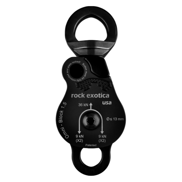 Rock Exotica Omni-Block 1.5" Double Pulley– The Omni-Block combines a swivel and pulley into one tool, and incorporates a unique sideplate that opens while the pulley is still attached to the anchor. – Now available at MTN Shop US.