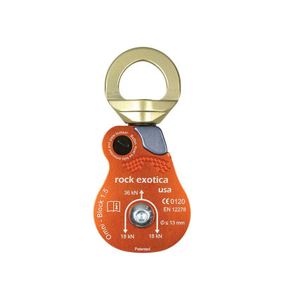 Polea Rock Exotica Omni-Block de 1,5": el Omni-Block combina un pivote y una polea en una sola herramienta, e incorpora una placa lateral única que se abre mientras la polea aún está unida al anclaje. Ahora disponible en MTN Shop US.