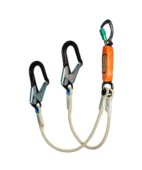 Yates Tie off twin leg lanyard with two black snap hook attachments and a caribiner