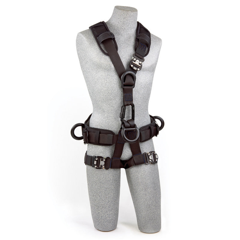 Arnés de rescate/acceso por cuerda 3M™ DBI-SALA® Exofit NEX™ - Opaco - Vista frontal con anillos en D delanteros y de suspensión de aluminio liviano, cinturón corporal/almohadilla para cadera con anillos en D laterales y correas de conexión rápida para el pecho y las piernas