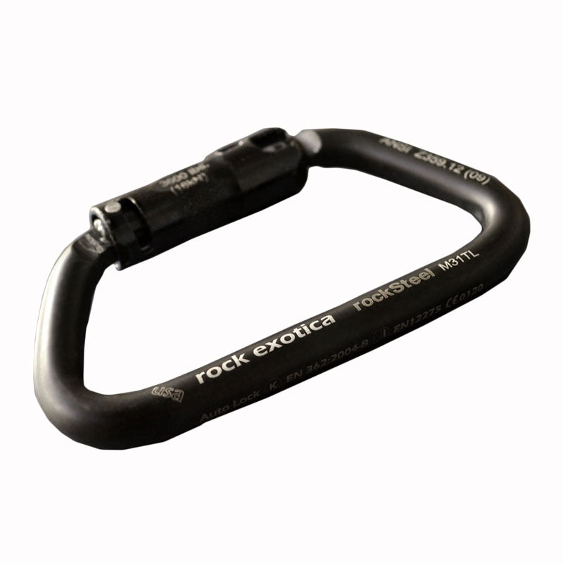 Mosquetón Rock Exotica rockSteel Auto-Lock: el rockSteel Auto-lock ofrece una impresionante relación resistencia-peso, una gran apertura de puerta y características de manejo precisas gracias a las superficies mecanizadas por CNC. – Ahora disponible en MTN Shop US.